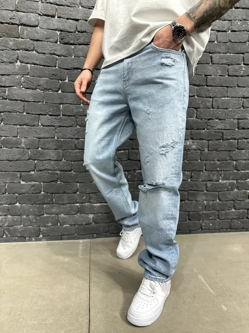 Light Blue Relaxed-Fit Distressed Jeans